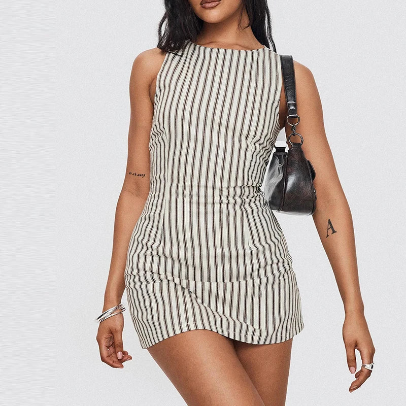 Casual Striped Print Round Neck Sleeveless Party Lace-Up Waist A-Line Dress