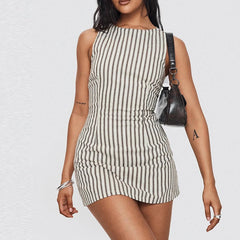 Casual Striped Print Round Neck Sleeveless Party Lace-Up Waist A-Line Dress