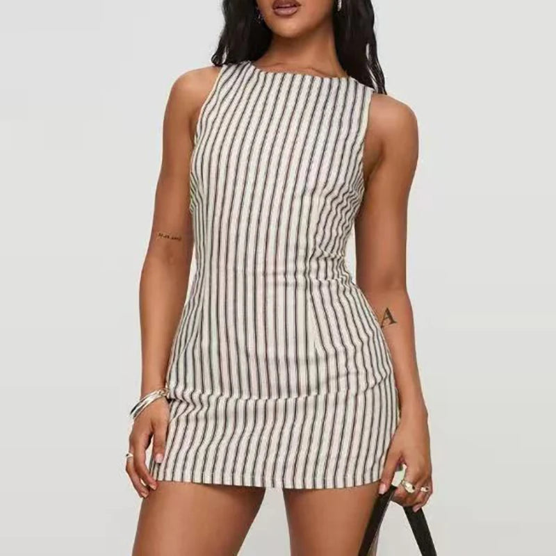 Casual Striped Print Round Neck Sleeveless Party Lace-Up Waist A-Line Dress