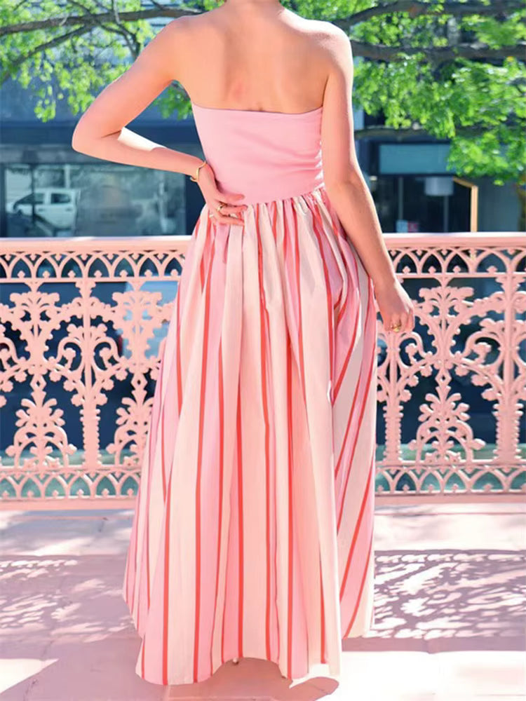 Casual Striped Print Sleeveless Patchwork Backless Strapless Long Maxi Dress