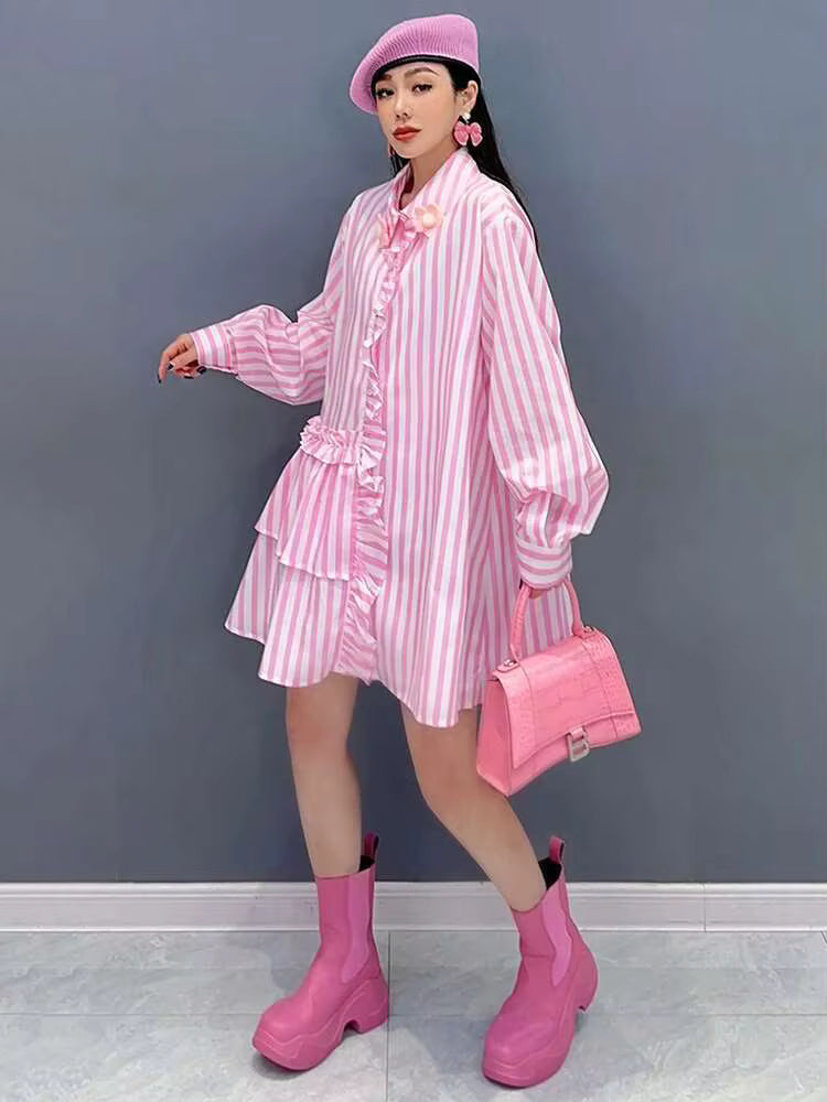 Casual Striped Ruffles Design Lapel Full Sleeve Loose Shirt Dress