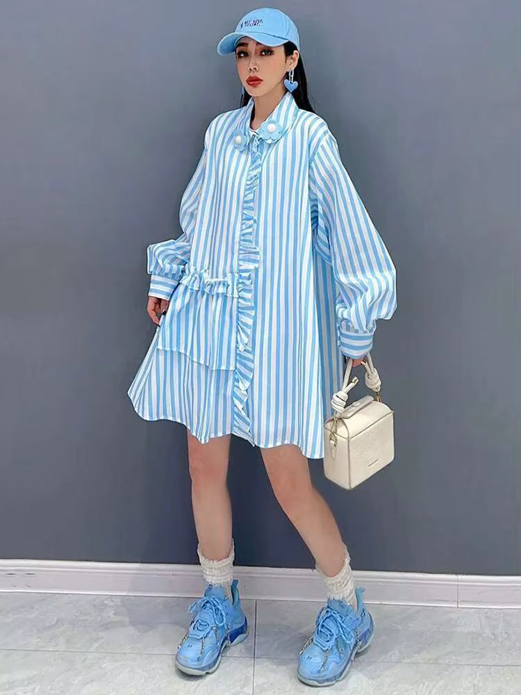 Casual Striped Ruffles Design Lapel Full Sleeve Loose Shirt Dress