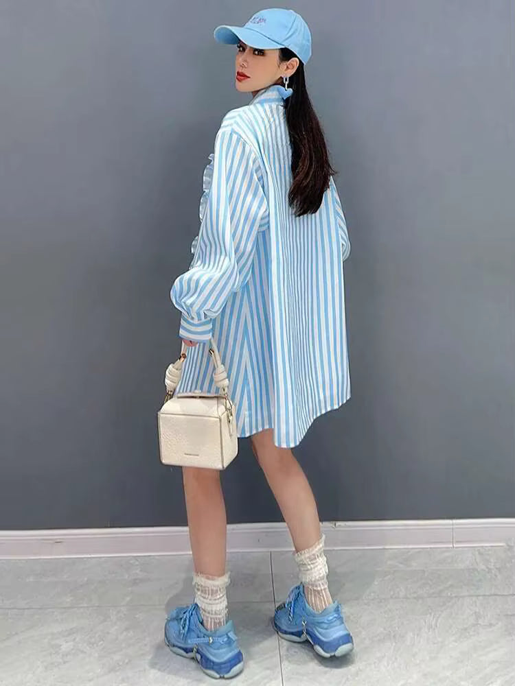 Casual Striped Ruffles Design Lapel Full Sleeve Loose Shirt Dress