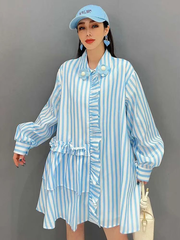 Casual Striped Ruffles Design Lapel Full Sleeve Loose Shirt Dress