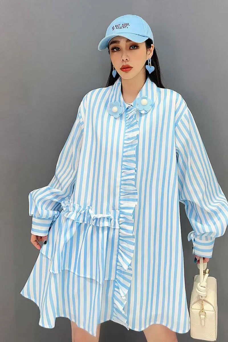 Casual Striped Ruffles Design Lapel Full Sleeve Loose Shirt Dress