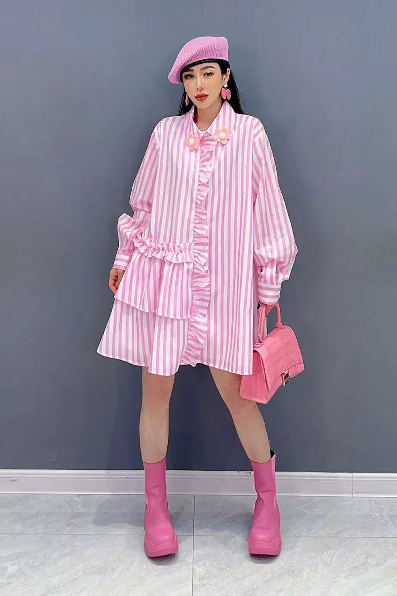 Casual Striped Ruffles Design Lapel Full Sleeve Loose Shirt Dress