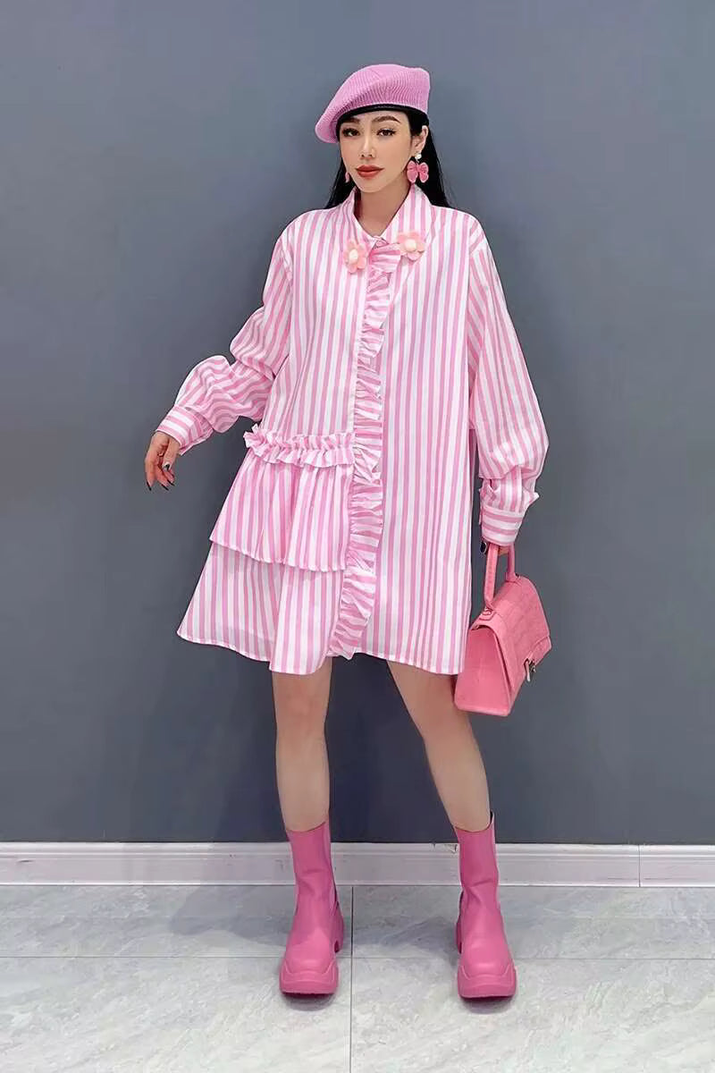 Casual Striped Ruffles Design Lapel Full Sleeve Loose Shirt Dress