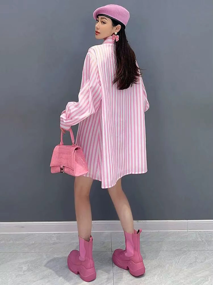 Casual Striped Ruffles Design Lapel Full Sleeve Loose Shirt Dress