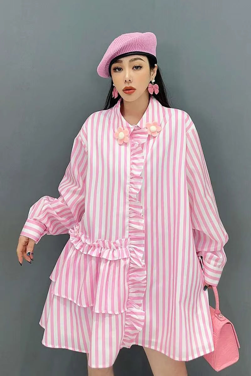 Casual Striped Ruffles Design Lapel Full Sleeve Loose Shirt Dress