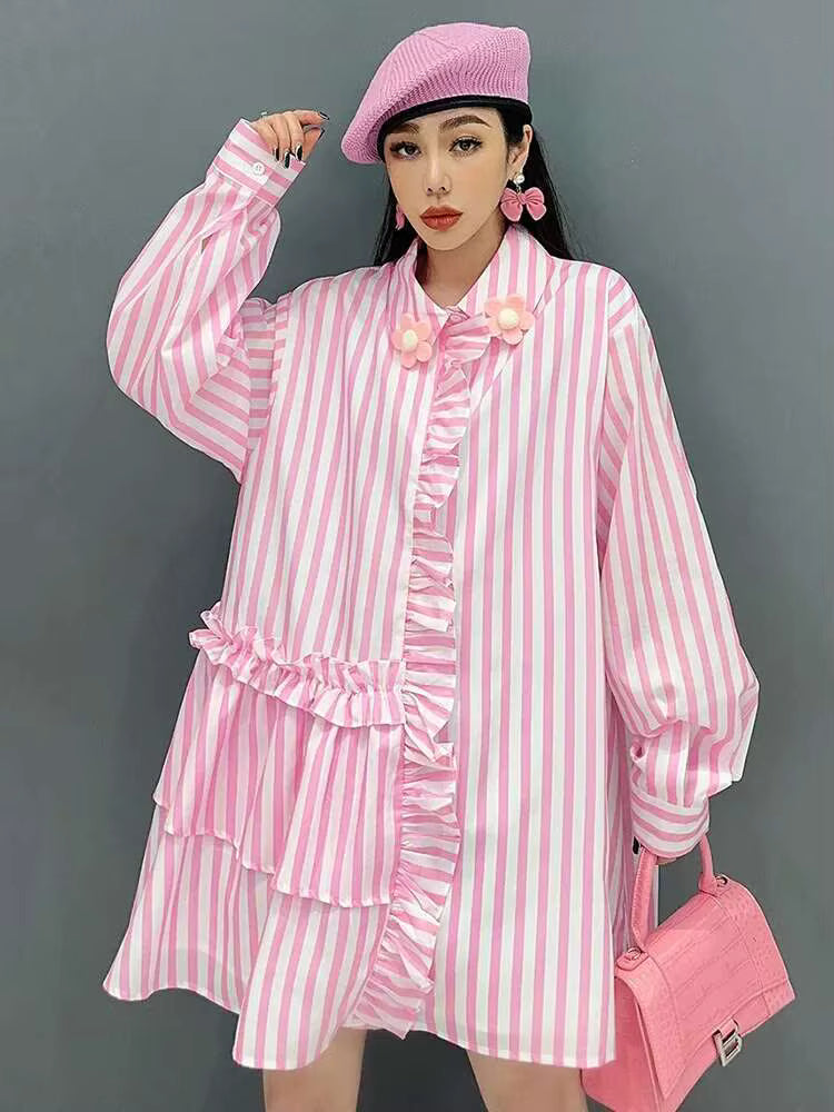 Casual Striped Ruffles Design Lapel Full Sleeve Loose Shirt Dress