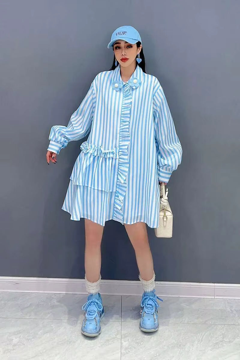 Casual Striped Ruffles Design Lapel Full Sleeve Loose Shirt Dress