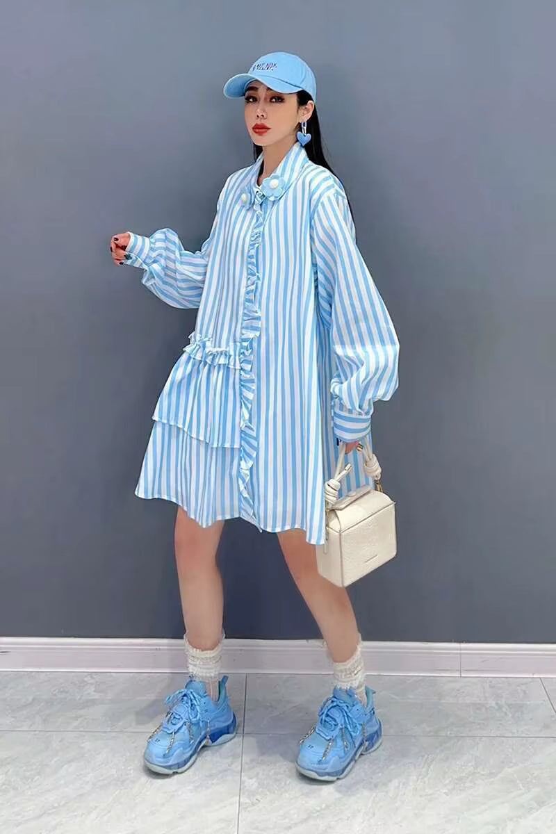 Casual Striped Ruffles Design Lapel Full Sleeve Loose Shirt Dress