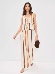 Casual Striped Sleeveless Top And Loose Leg Pants 2 Piece Set