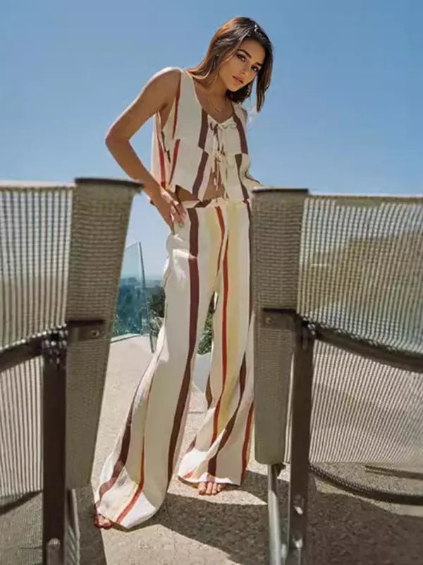 Casual Striped Sleeveless Top And Loose Leg Pants 2 Piece Set