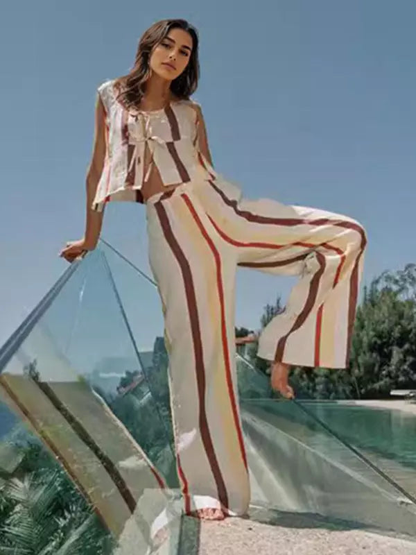 Casual Striped Sleeveless Top And Loose Leg Pants 2 Piece Set