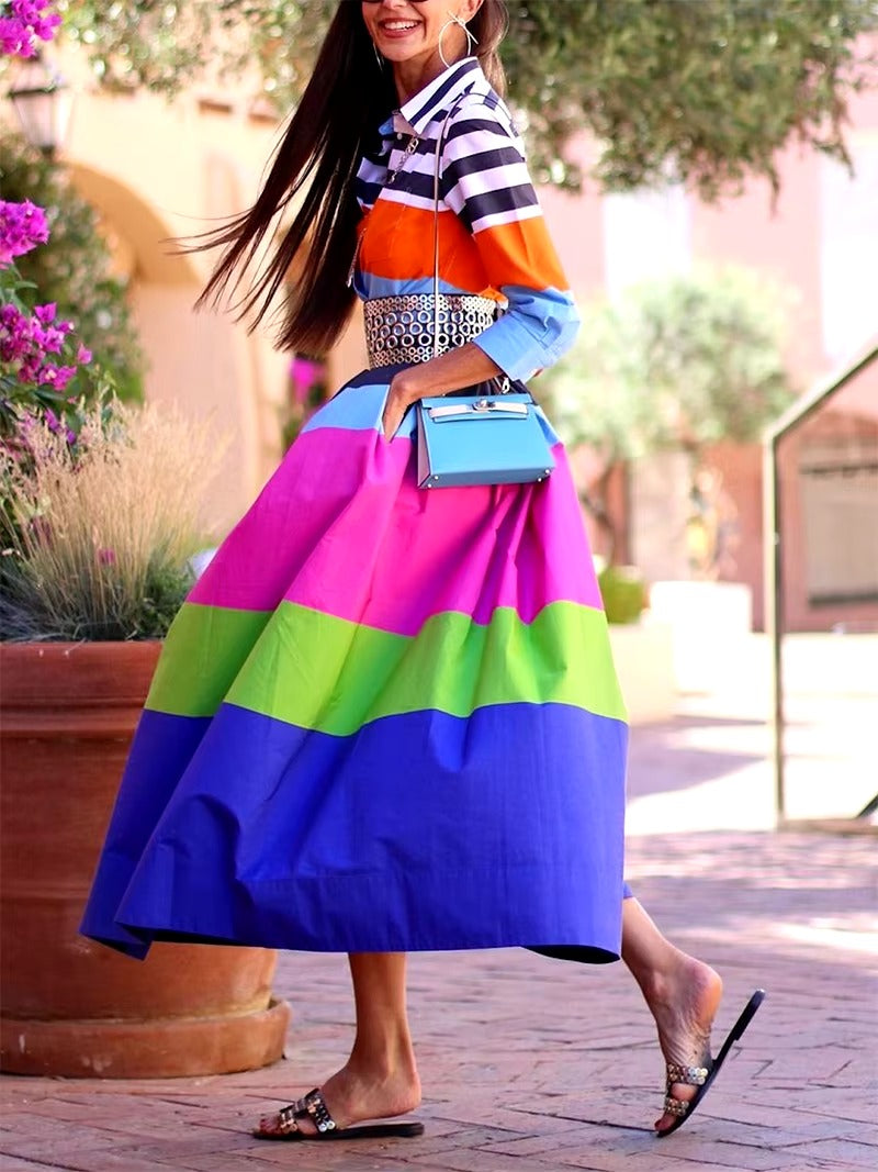 Casual Striped Turn-down Collar empire Waist Pleated A-LINE Vacation Shirt Dresses