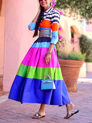 Casual Striped Turn-down Collar empire Waist Pleated A-LINE Vacation Shirt Dresses