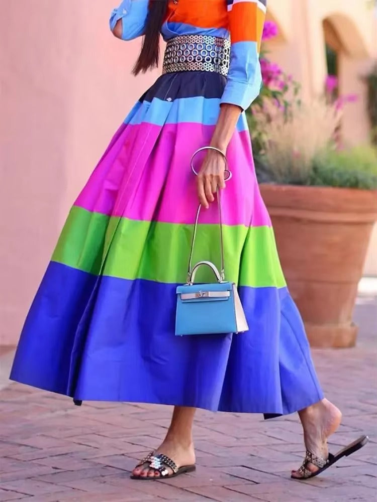 Casual Striped Turn-down Collar empire Waist Pleated A-LINE Vacation Shirt Dresses