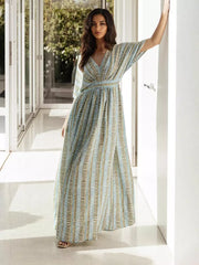 Casual Striped V-Neck With Short Sleeves And Side Slit Maxi Dress