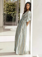 Casual Striped V-Neck With Short Sleeves And Side Slit Maxi Dress