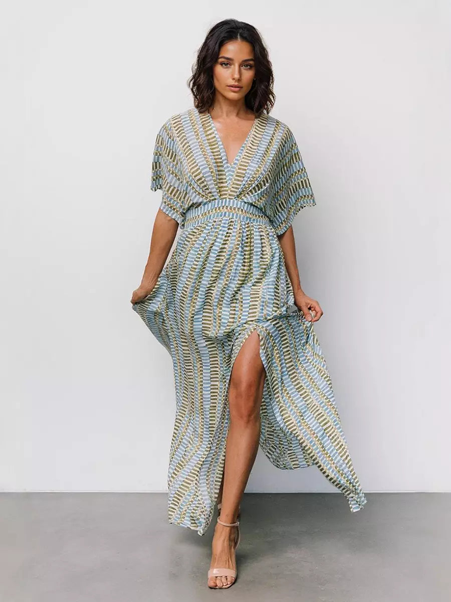 Casual Striped V-Neck With Short Sleeves And Side Slit Maxi Dress