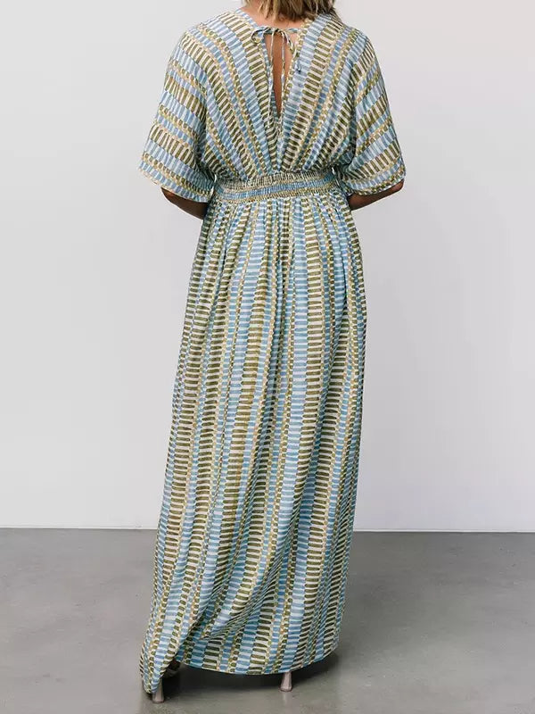 Casual Striped V-Neck With Short Sleeves And Side Slit Maxi Dress