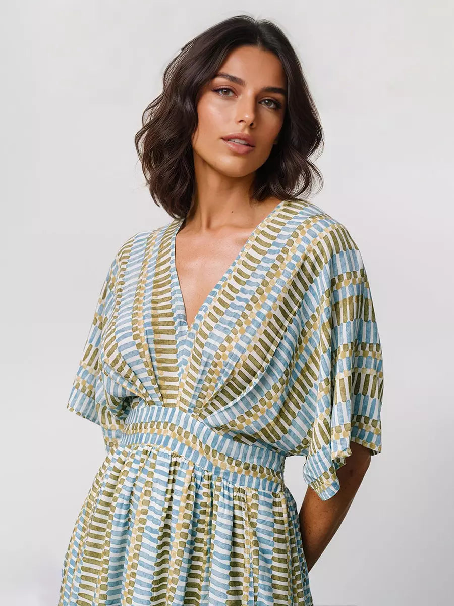 Casual Striped V-Neck With Short Sleeves And Side Slit Maxi Dress