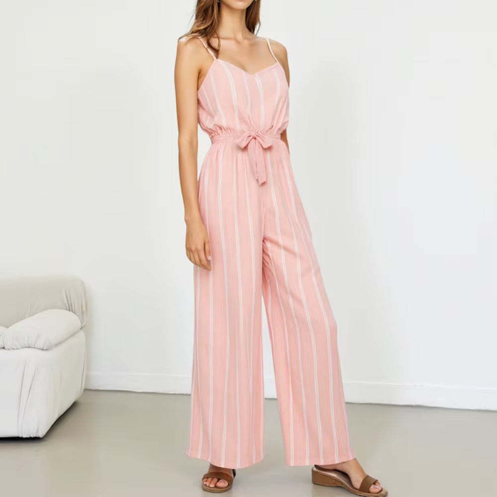 Casual Stripes Sashes Sleeveless Sweetheart Neck Ankle Length Straight Jumpsuits