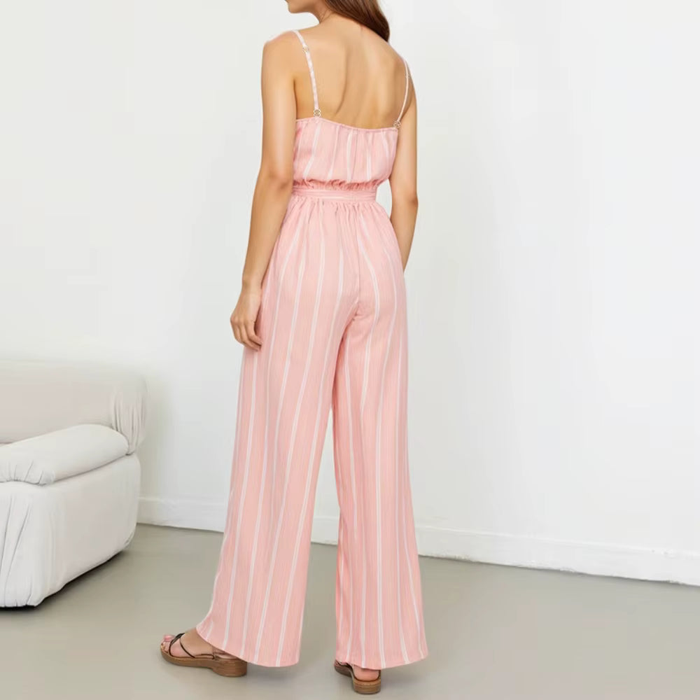 Casual Stripes Sashes Sleeveless Sweetheart Neck Ankle Length Straight Jumpsuits