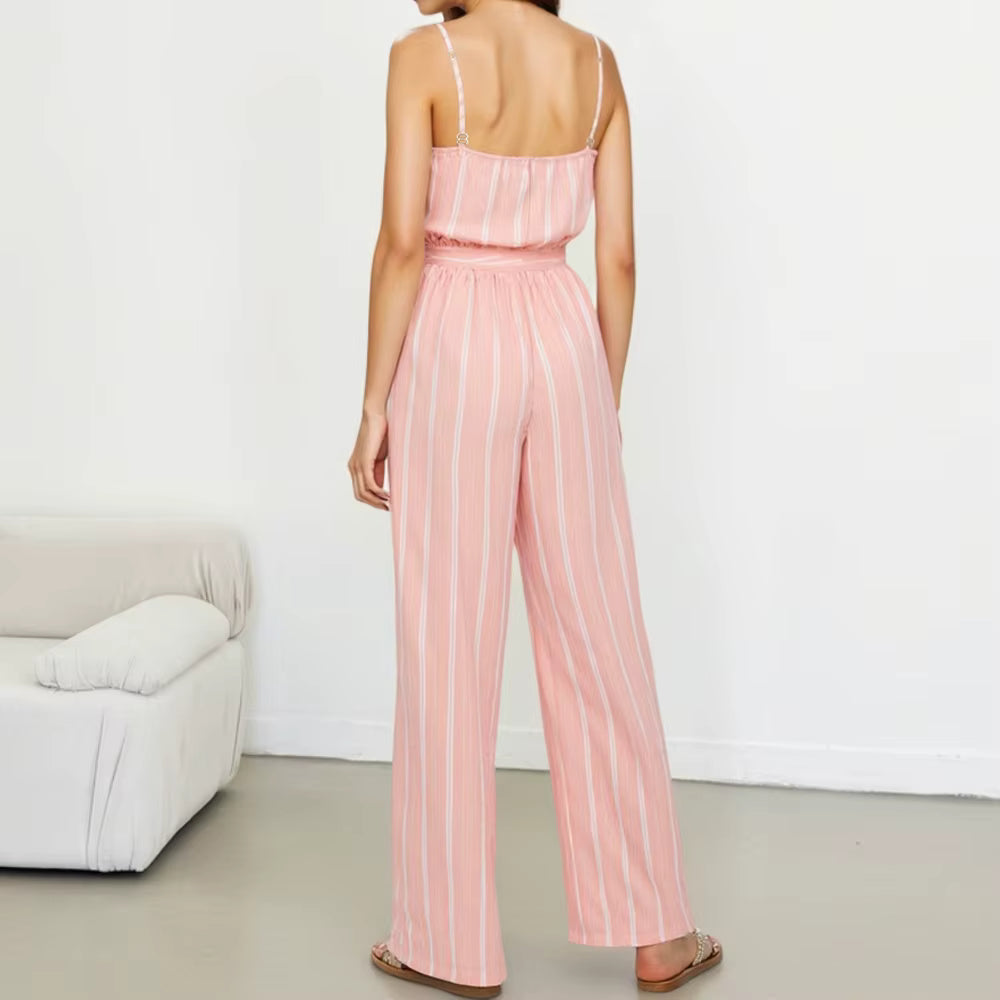 Casual Stripes Sashes Sleeveless Sweetheart Neck Ankle Length Straight Jumpsuits