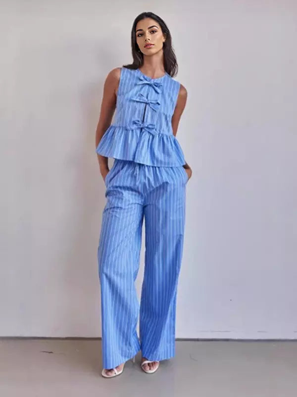 Casual Stripes Sleeveless Top And Loose Leg Pants 2 Piece Set