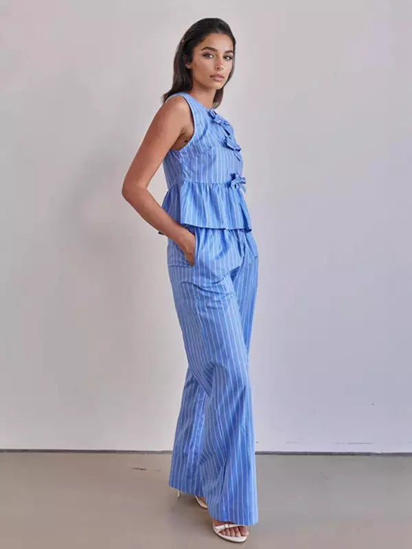 Casual Stripes Sleeveless Top And Loose Leg Pants 2 Piece Set