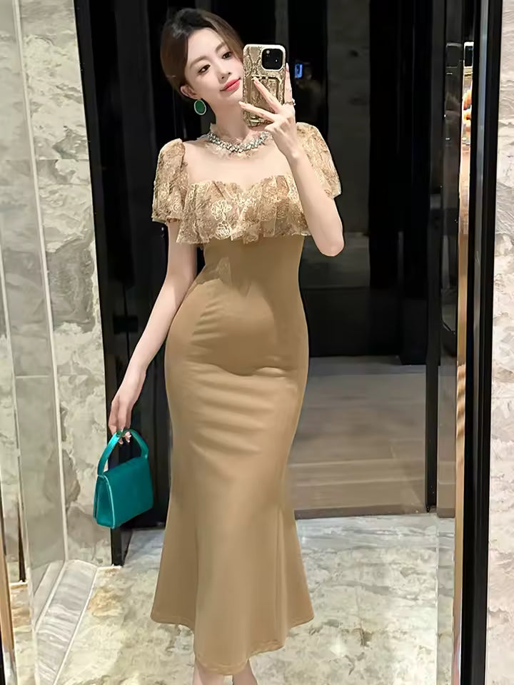 Casual Sweet Lace Sheer O-Neck Elegant Party Prom Slim Midi Fishtail Dress