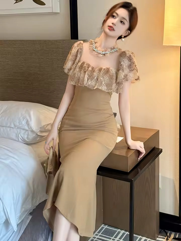 Casual Sweet Lace Sheer O-Neck Elegant Party Prom Slim Midi Fishtail Dress