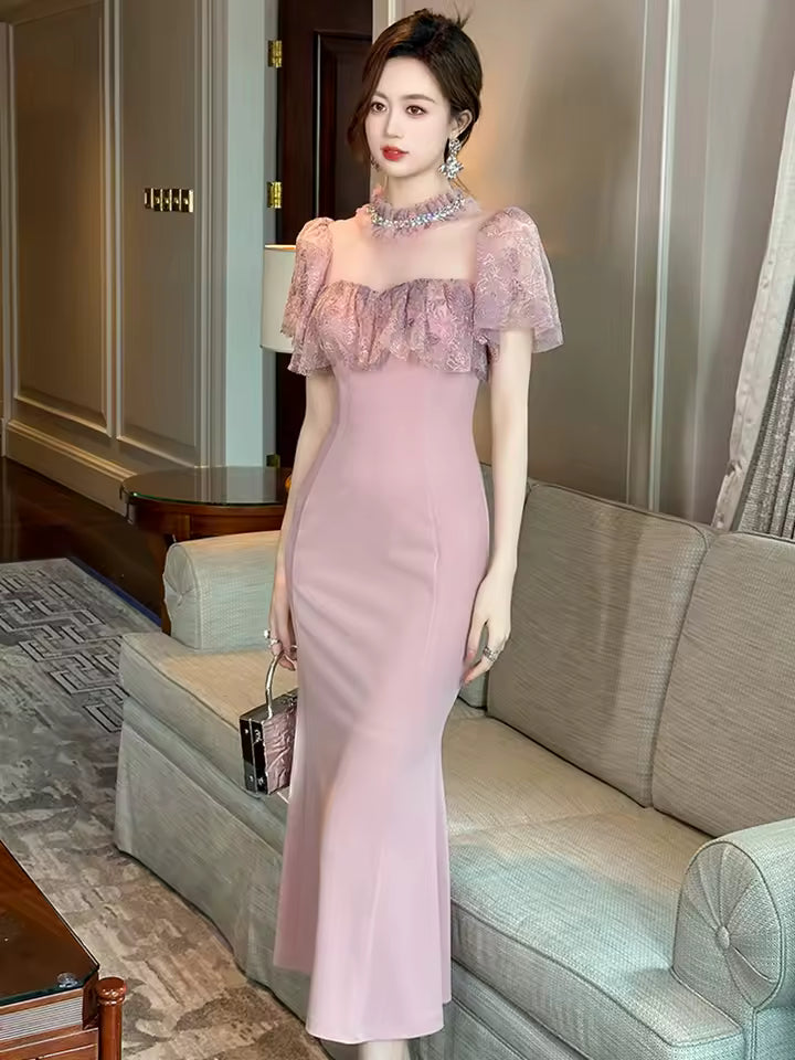 Casual Sweet Lace Sheer O-Neck Elegant Party Prom Slim Midi Fishtail Dress
