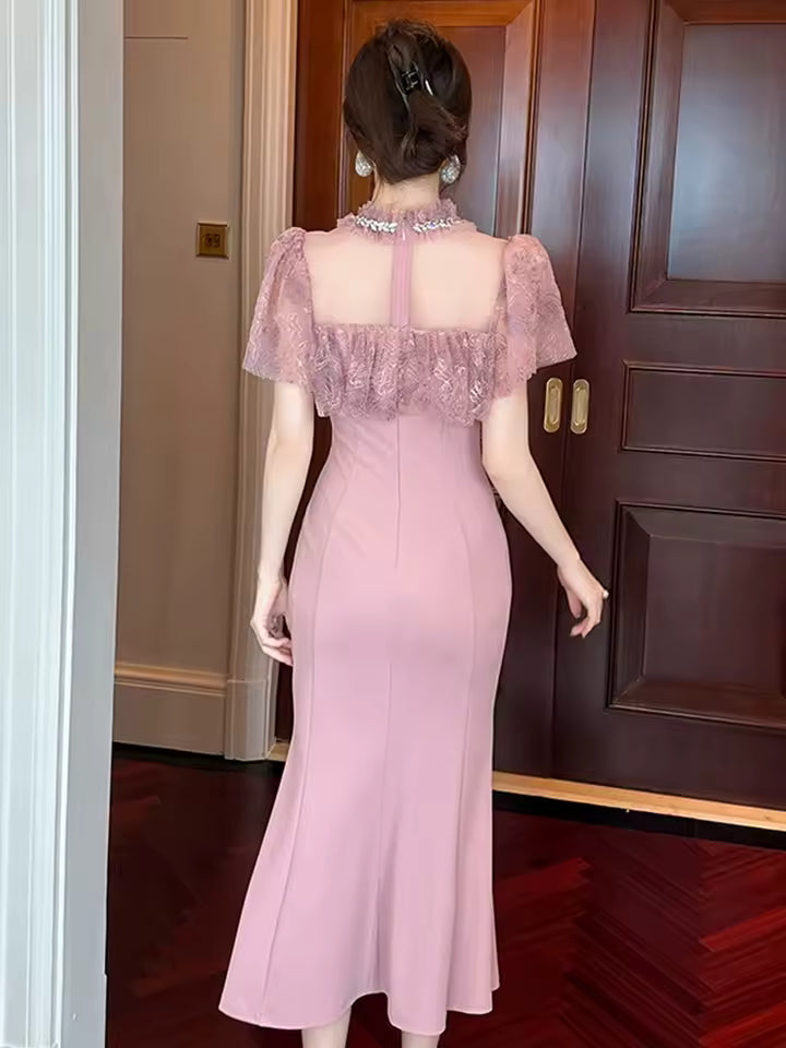 Casual Sweet Lace Sheer O-Neck Elegant Party Prom Slim Midi Fishtail Dress