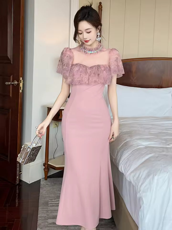 Casual Sweet Lace Sheer O-Neck Elegant Party Prom Slim Midi Fishtail Dress
