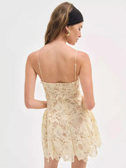 Casual Sweet Open Shoulder Front Tie Lace Mini Strap Dress