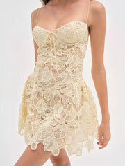 Casual Sweet Open Shoulder Front Tie Lace Mini Strap Dress