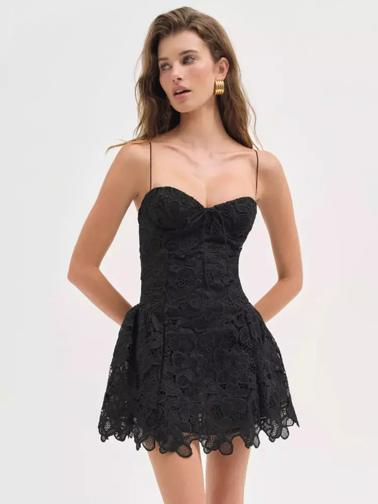 Casual Sweet Open Shoulder Front Tie Lace Mini Strap Dress