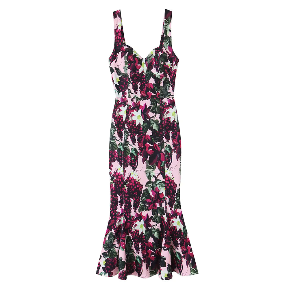 Casual Sweetheart Neck Sleeveless V-Neck Floral And Grape Print Maxi Dress