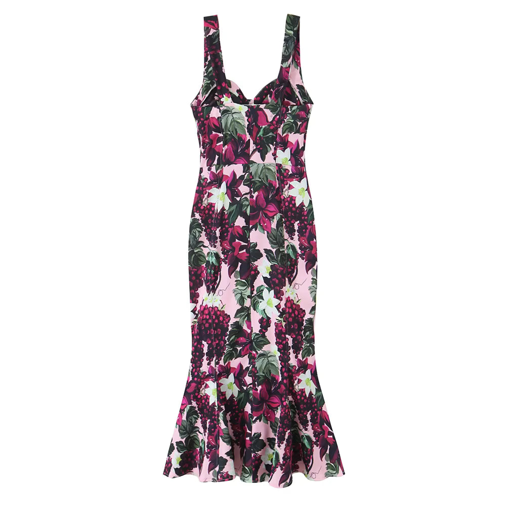 Casual Sweetheart Neck Sleeveless V-Neck Floral And Grape Print Maxi Dress