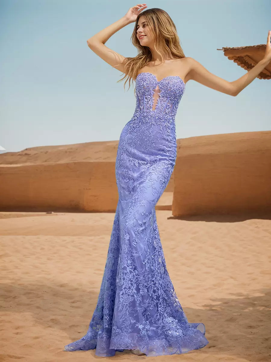 Casual Sweetheart Neck Sweep Lace Mermaid Prom Formal Dress