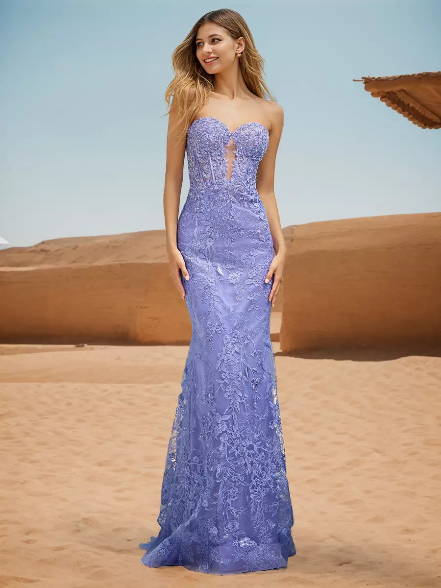 Casual Sweetheart Neck Sweep Lace Mermaid Prom Formal Dress
