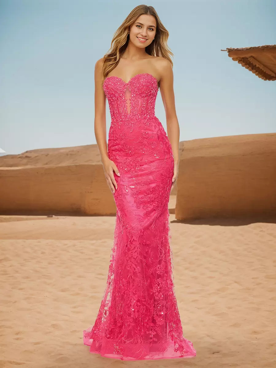 Casual Sweetheart Neck Sweep Lace Mermaid Prom Formal Dress