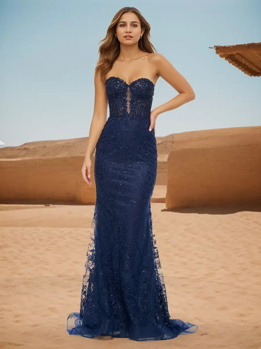 Casual Sweetheart Neck Sweep Lace Mermaid Prom Formal Dress