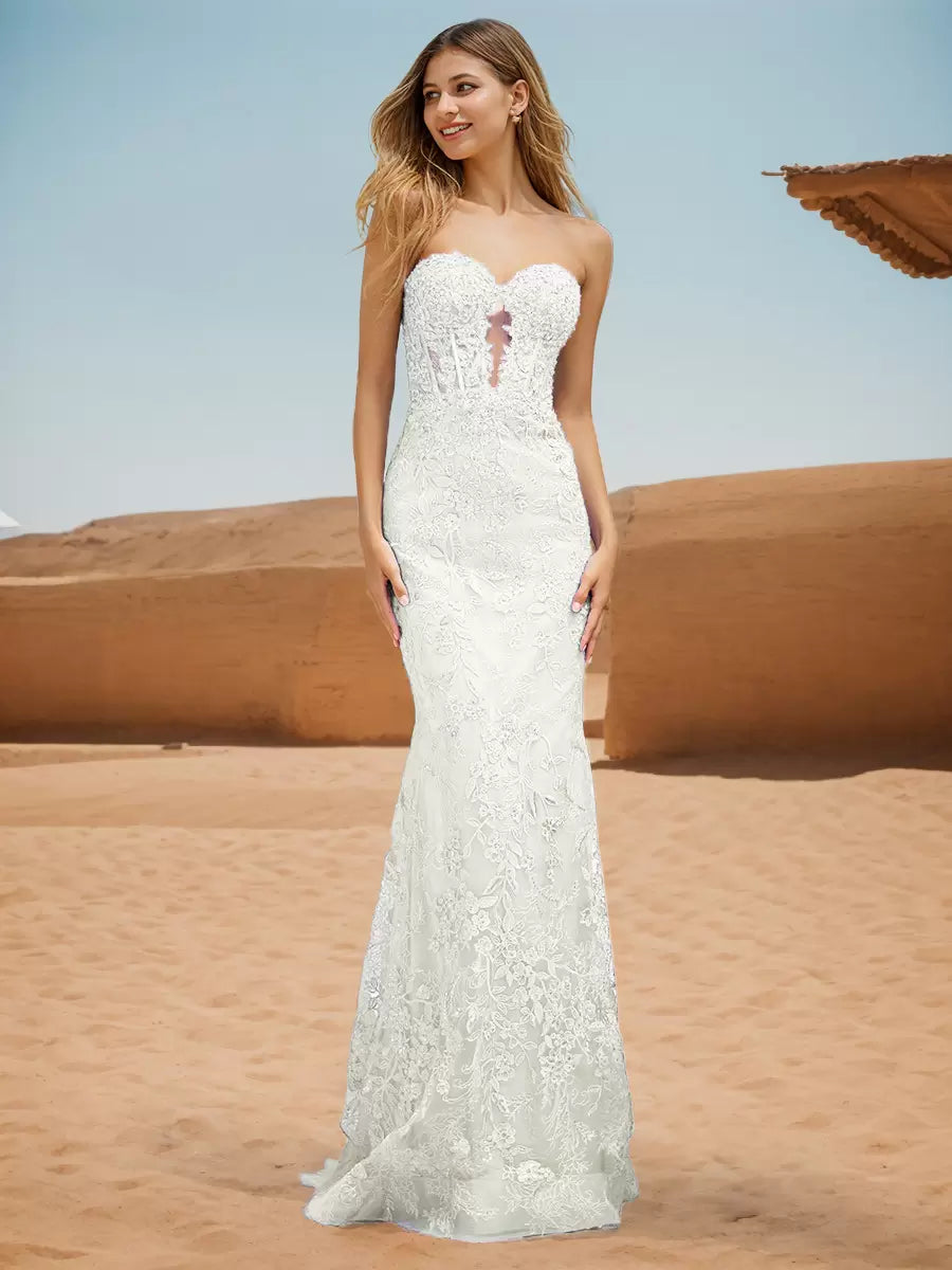 Casual Sweetheart Neck Sweep Lace Mermaid Prom Formal Dress