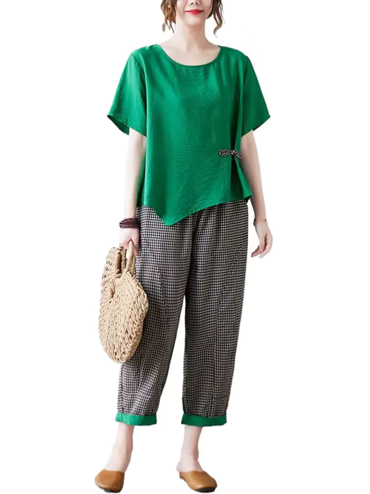 Casual T-shirt And Ankle-length Pants Vintage Style Loose Pant Suits 2 Piece Sets
