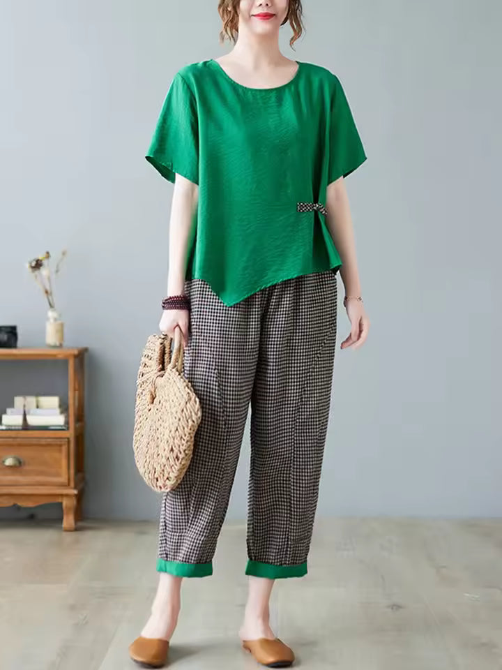 Casual T-shirt And Ankle-length Pants Vintage Style Loose Pant Suits 2 Piece Sets