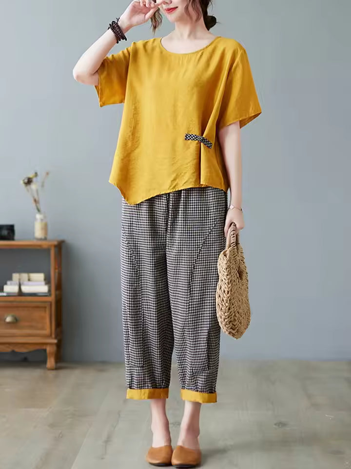 Casual T-shirt And Ankle-length Pants Vintage Style Loose Pant Suits 2 Piece Sets